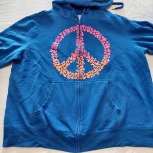 Vtg Disney Womens 2X Blue Mickey Mouse Peace Sign Full Zip‎ Hoodie Sweatshirt
